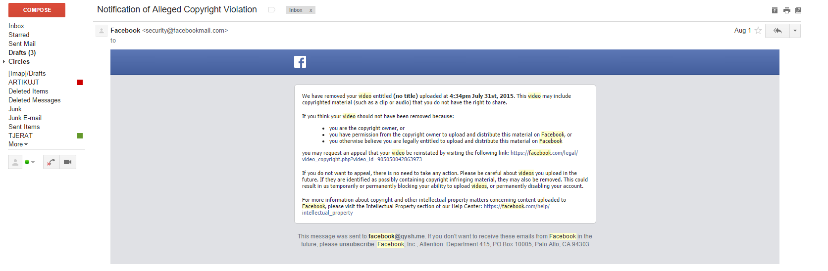 Facebook video violation