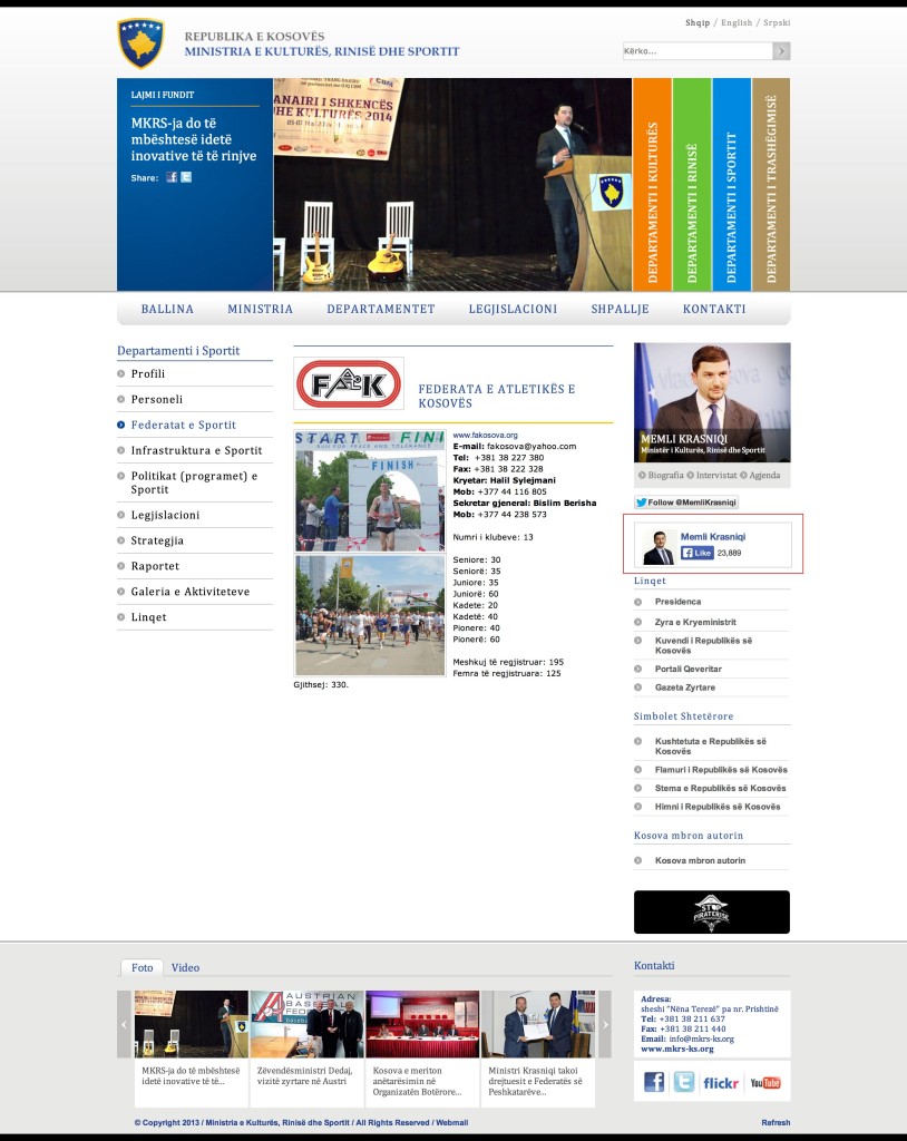 https://www.mkrs-ks.org/?page=1,50,84 Federata e Atletikës e Kosovës - Federatat e Sportit - Ministria e Kulturës, Rinisë dhe Sportit